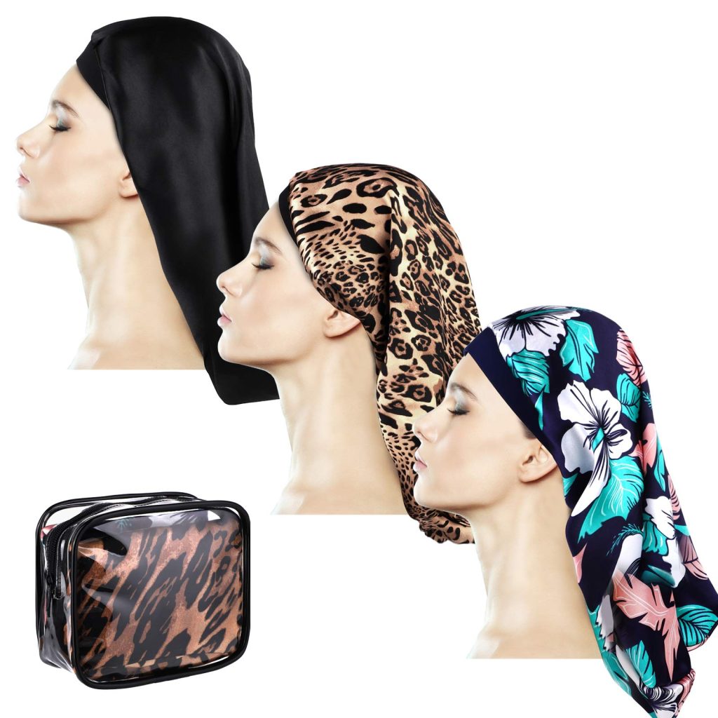 KOGGON 3 Pack Satin Sleep Cap Soft Elastic Band Loose Cap Bonnets for Braids, Dreadlocks, Curly, Long Curly Hair with Makeup Bag, Black, Leopard, Blue Leaf